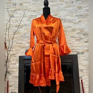 SATIN ORANGE RUFFLE ROBE SET